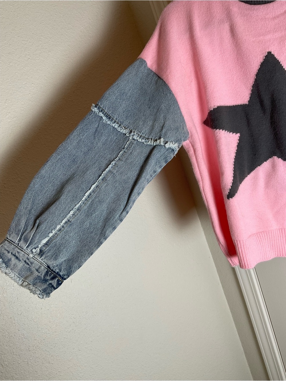 Double Take Star Knit Denim Sleeve Sweater Pink Grey S/M New - Picture 5 of 9